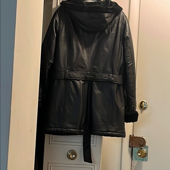 Wilsons Leather Black Hooded coat with Belt and faux fur insides - Picture 2 of 3